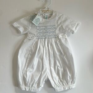 Boys White Christening Romper with Blue Smocking 9M